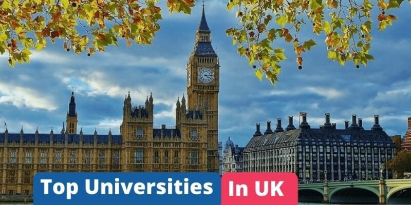 "Top universities in UK" in white on image of Big Ben in UK.