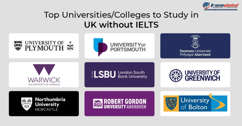 Infographic of top UK universities/colleges for study without IELTS.