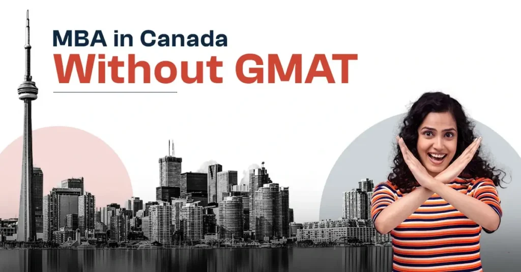 Image of a happy student featuring the words "MBA in Canada without GMAT" in bold text.