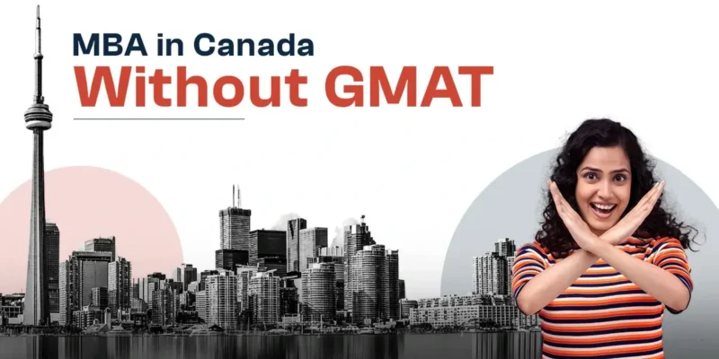 Image of a happy student featuring the words "MBA in Canada without GMAT" in bold text.