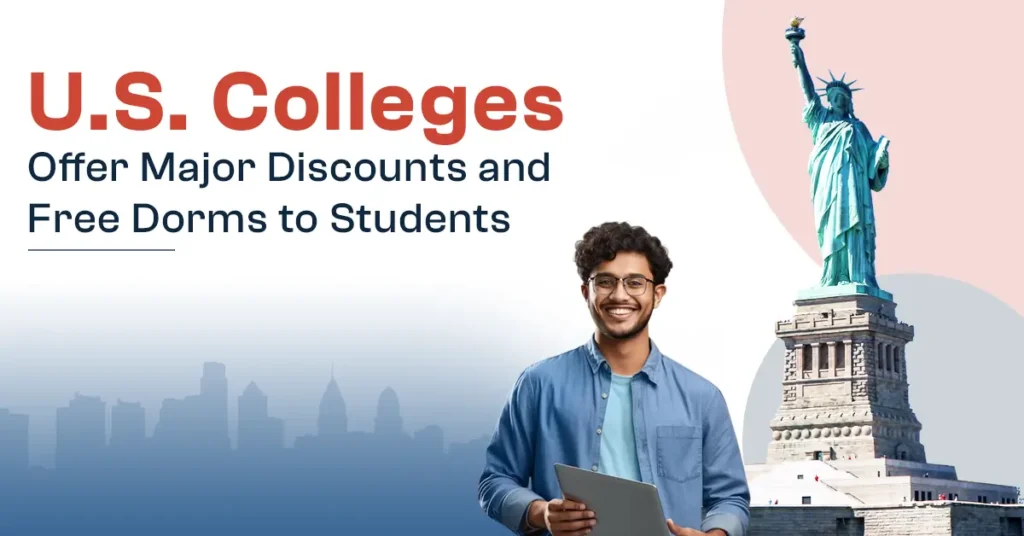 Text on image: "U.S. Colleges Offer Major Discounts and Free Dorms to Attract Students" with a statue and a boy nearby.