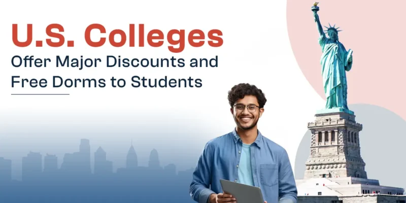 Text on image: "U.S. Colleges Offer Major Discounts and Free Dorms to Attract Students" with a statue and a boy nearby.