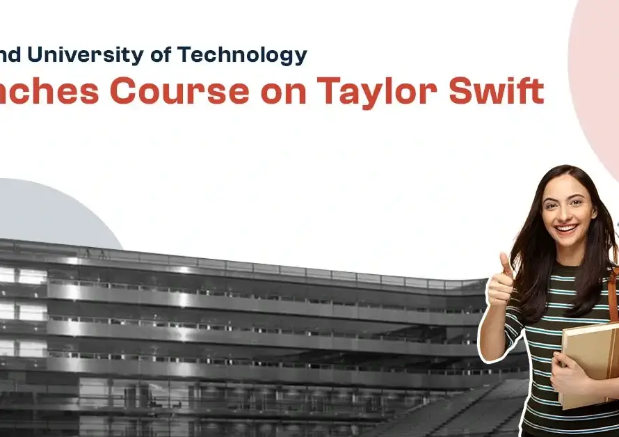 Student featured with text: "Auckland University of Technology Launches Course on Taylor Swift."