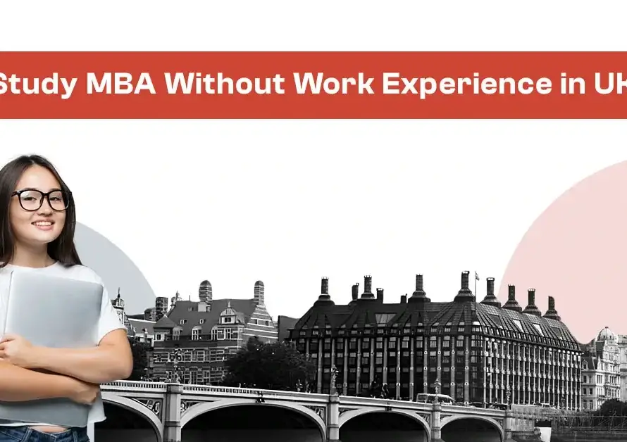 Student with text "Study MBA Without Work Experience in UK" promoting options