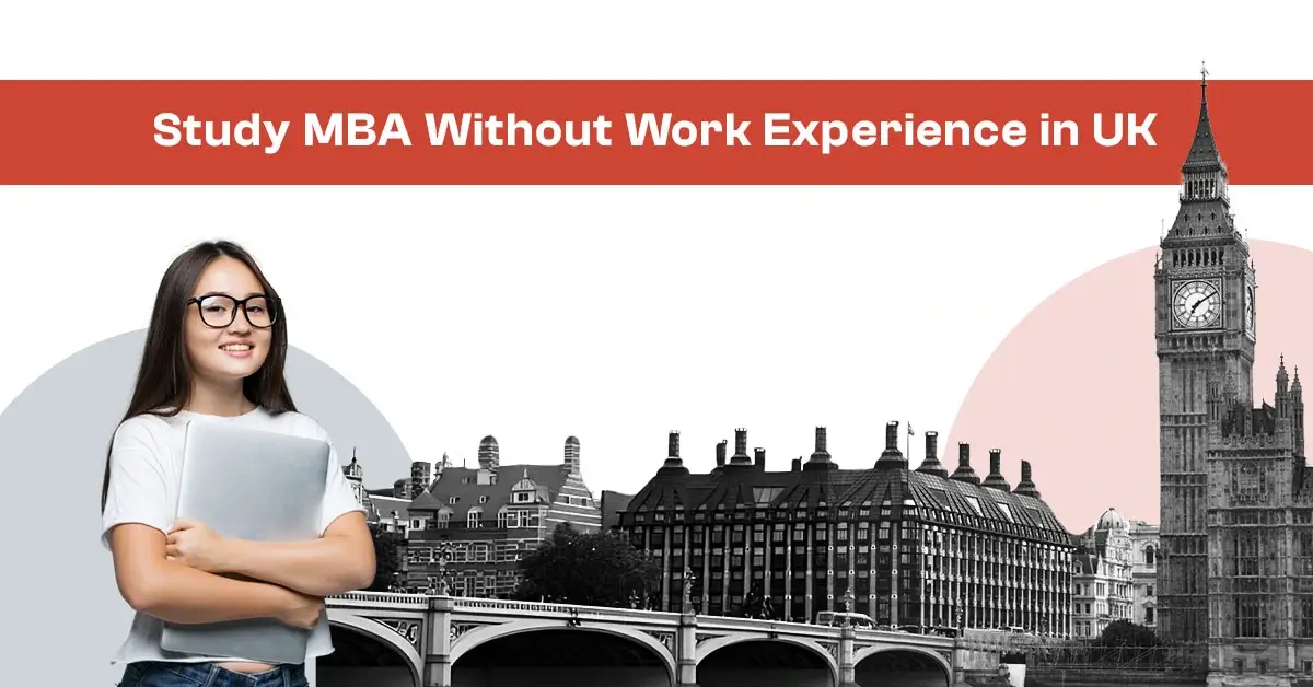 Student with text "Study MBA Without Work Experience in UK" promoting options