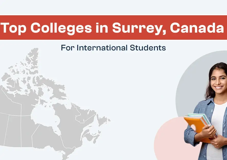 Canada highlighting Surrey with text "Top Colleges in Surrey, Canada for International Students".