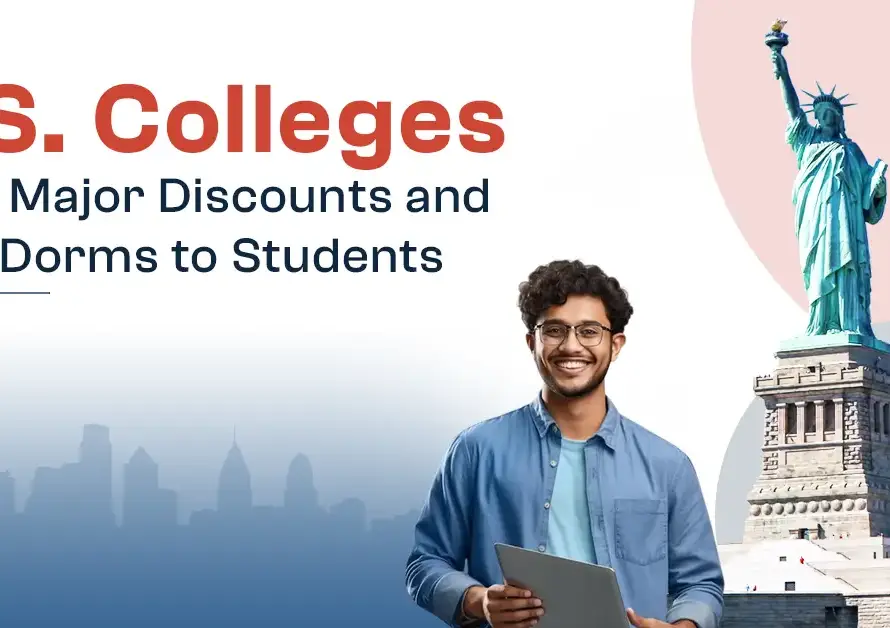 Text on image: "U.S. Colleges Offer Major Discounts and Free Dorms to Attract Students" with a statue and a boy nearby.