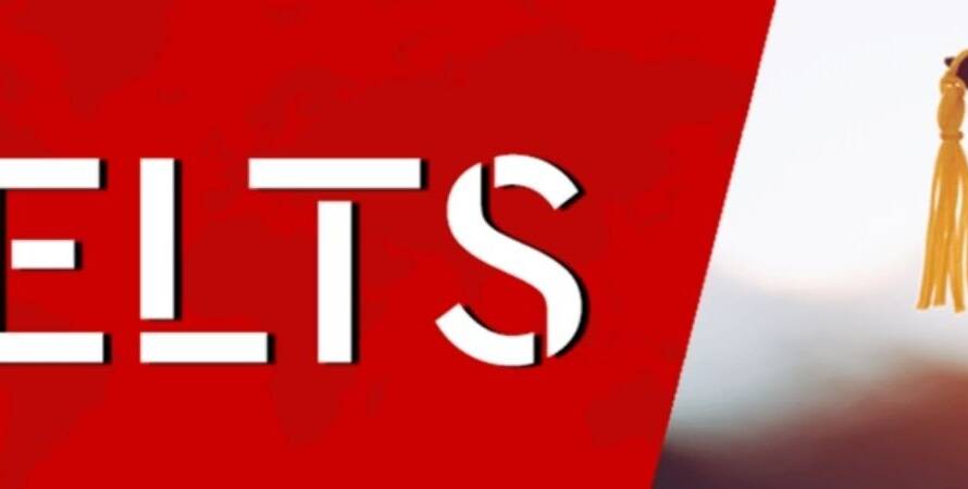 White 'IELTS' text on red background