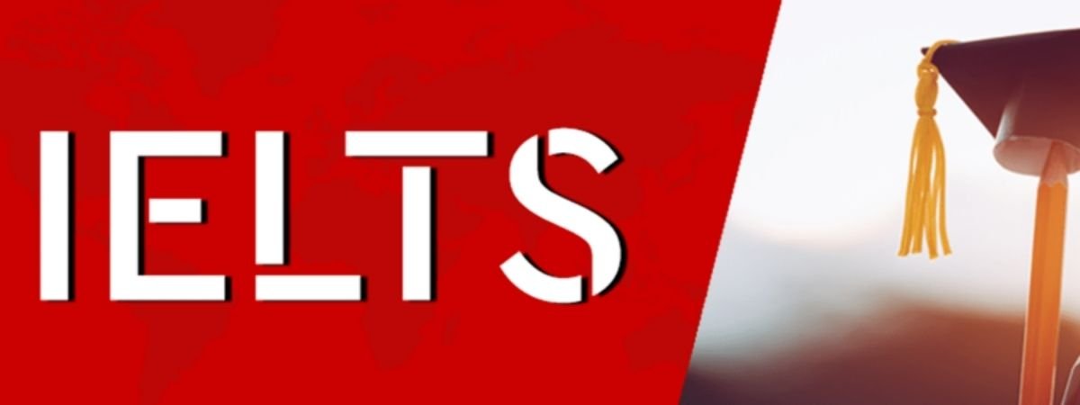 White 'IELTS' text on red background