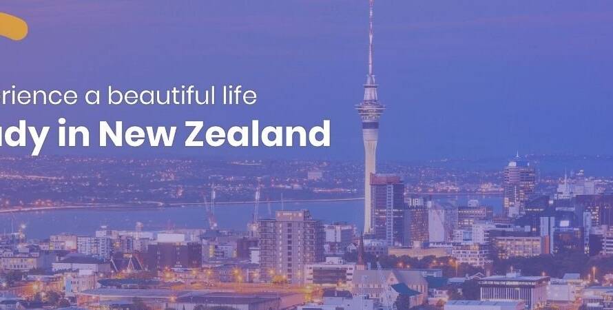 A stunning image of text "Experience a beautiful life study in New Zealand" against a backdrop of New Zealand scenery.