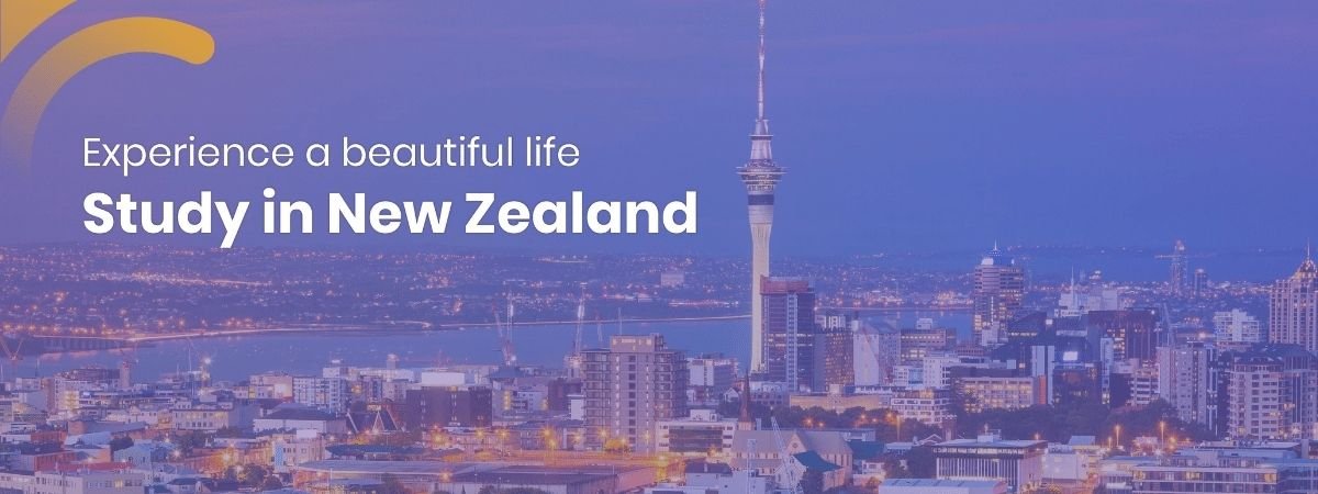 A stunning image of text "Experience a beautiful life study in New Zealand" against a backdrop of New Zealand scenery.