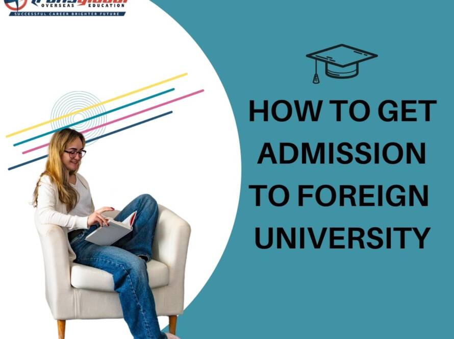 Image split in two: girl reading on sofa, text "how to get admission to foreign university" in black.