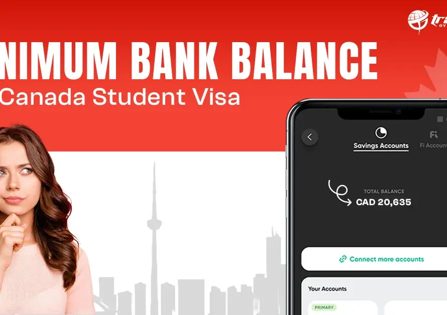 Image shows text about minimum bank balance for Canada student visa, with a girl thinking and a phone displaying balance.